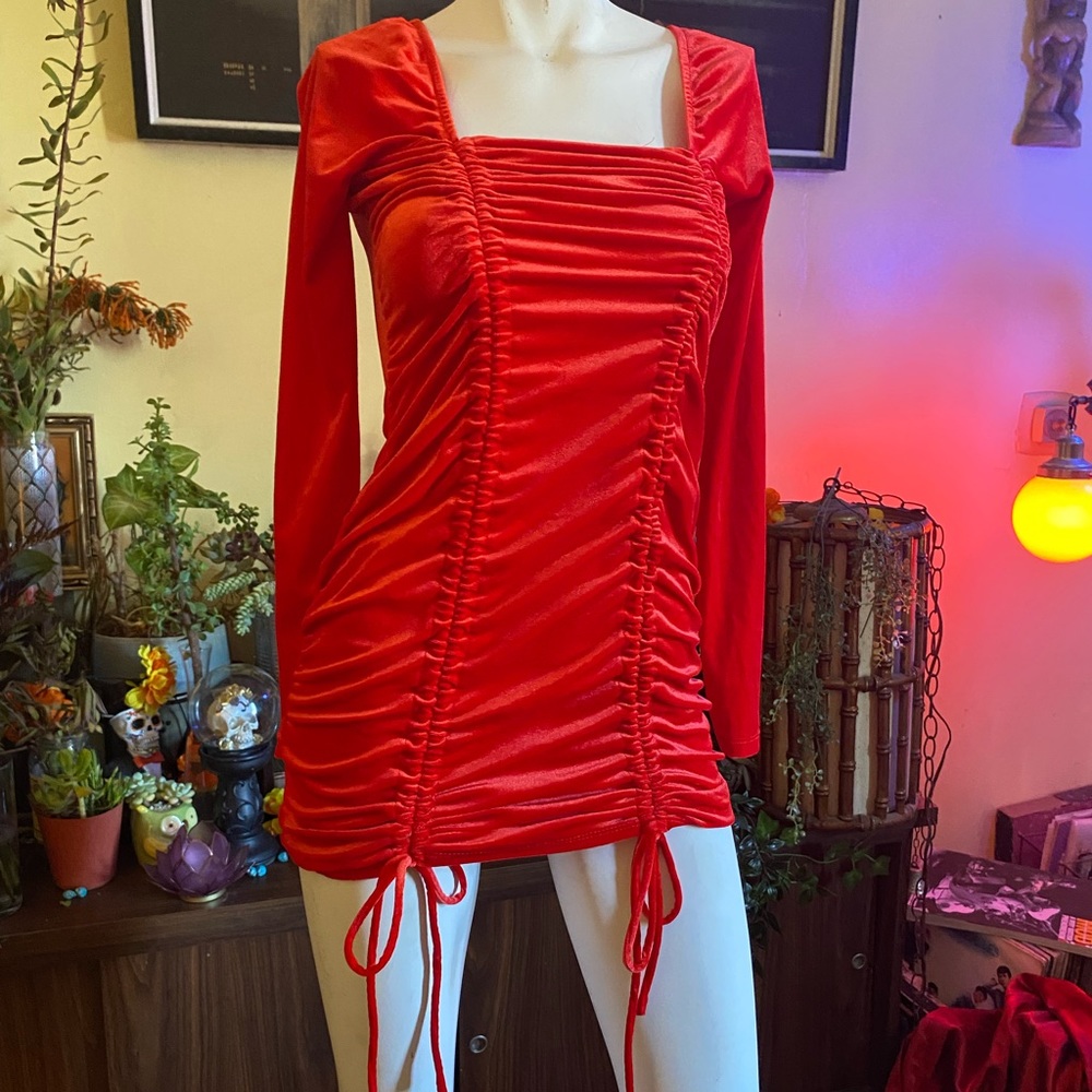 Ladies red devil velour velvet ruched sexy pin up club dress costume dance